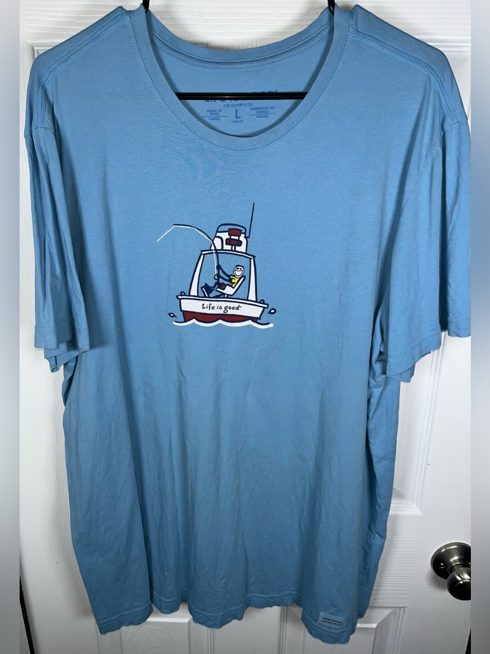 Life is Good Crusher-Lite Tee T Shirt Men's Large Blue Fishing Boating Cotton